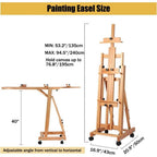 Caballete de gran tamaño de alta resistencia con estructura en H para adultos - Soporte de artista plegable con ruedas y altura ajustable con base de madera, sostiene 1 o 2 lienzos de hasta 240 cm, caballete de pintura portátil para estudio, exhibición al
