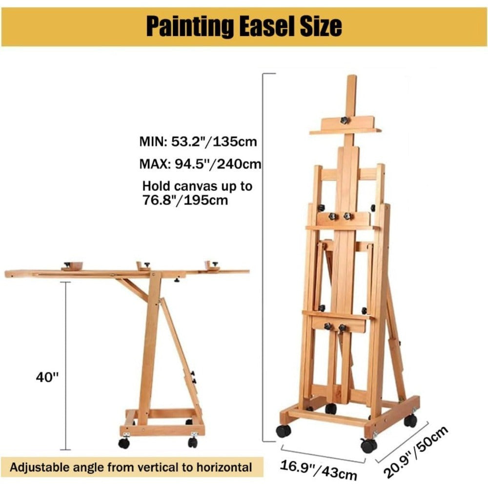 Caballete de gran tamaño de alta resistencia con estructura en H para adultos - Soporte de artista plegable con ruedas y altura ajustable con base de madera, sostiene 1 o 2 lienzos de hasta 240 cm, caballete de pintura portátil para estudio, exhibición al