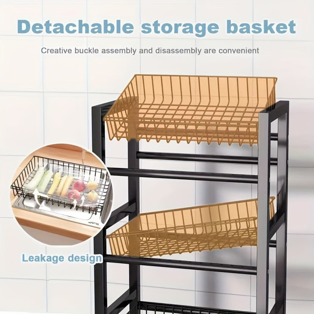1pc Estante Rodante Ajustable de 4 Niveles con 3 Cestas de Alambre y Estructura Independiente - Unidad de Almacenamiento Móvil Ideal para Garaje, Despensa, Baño, Organizador de Armario, Ahorro de Espacio, Regalo para Hogar Nuevo, Estructura de Metal Pinta