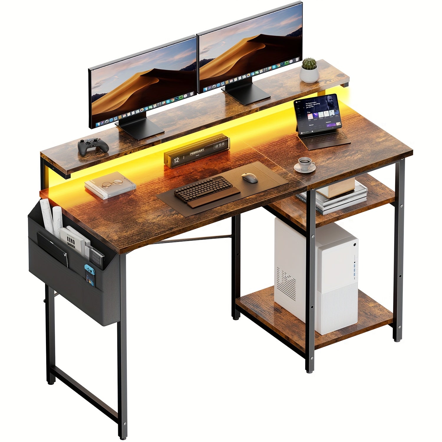 Escritorio FRODROVIA con Luz LED y Estante Ajustable en Altura, Escritorio para Oficina en Casa con Soporte para Monitor, Escritorio de Esquina con Bolsa de Almacenamiento Grande para Oficina en Casa, Estudio, Regalos de Navidad/Acción de Gracias