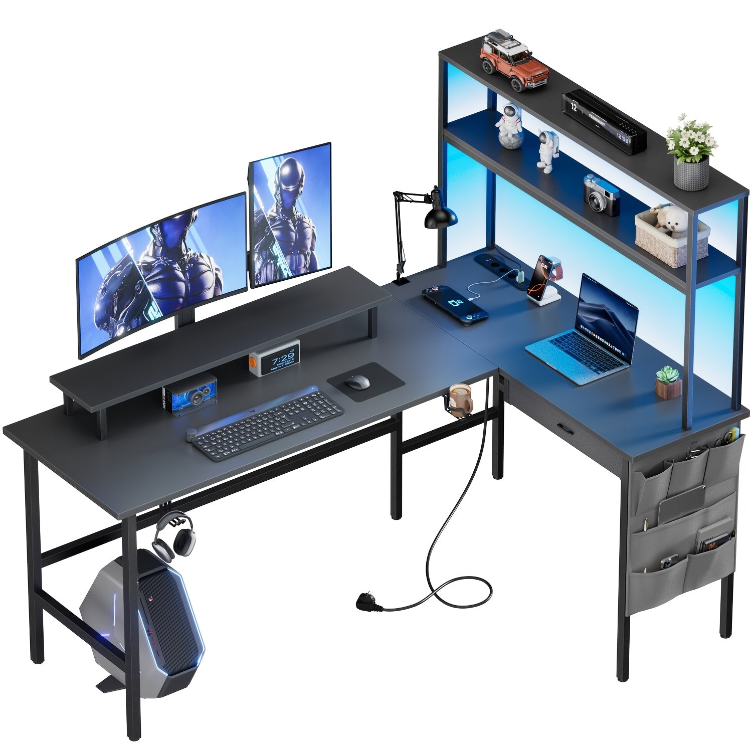 Escritorio de Esquina Reversible para Juegos con Toma de Corriente, Escritorio en L con Esquina Abatible, Escritorio Ergonómico con Estantes de Almacenamiento, Cajones y Bolsas, Escritorio de Esquina con Soporte para Monitor, Oficina en Casa