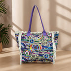MEJORADA Bolso de Playa Grande con Estampado Colorido y Flecos, Estilo Tote con Forro Interior, Tamaño 55x35x20 cm - Ideal para Playa, Piscina y Viajes