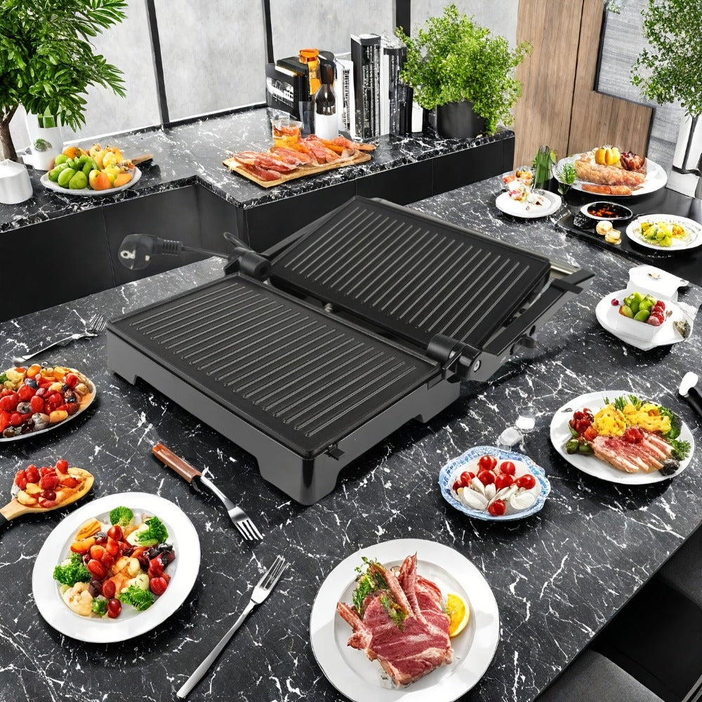 Tortera para Parrilla, Prensa para Paninis y Sándwiches, Placas de Doble Parrilla, Parrilla de Contacto Abierta a 180°, 1000 Watts, Superficie Antiadherente, Asas Resistentes al Calor