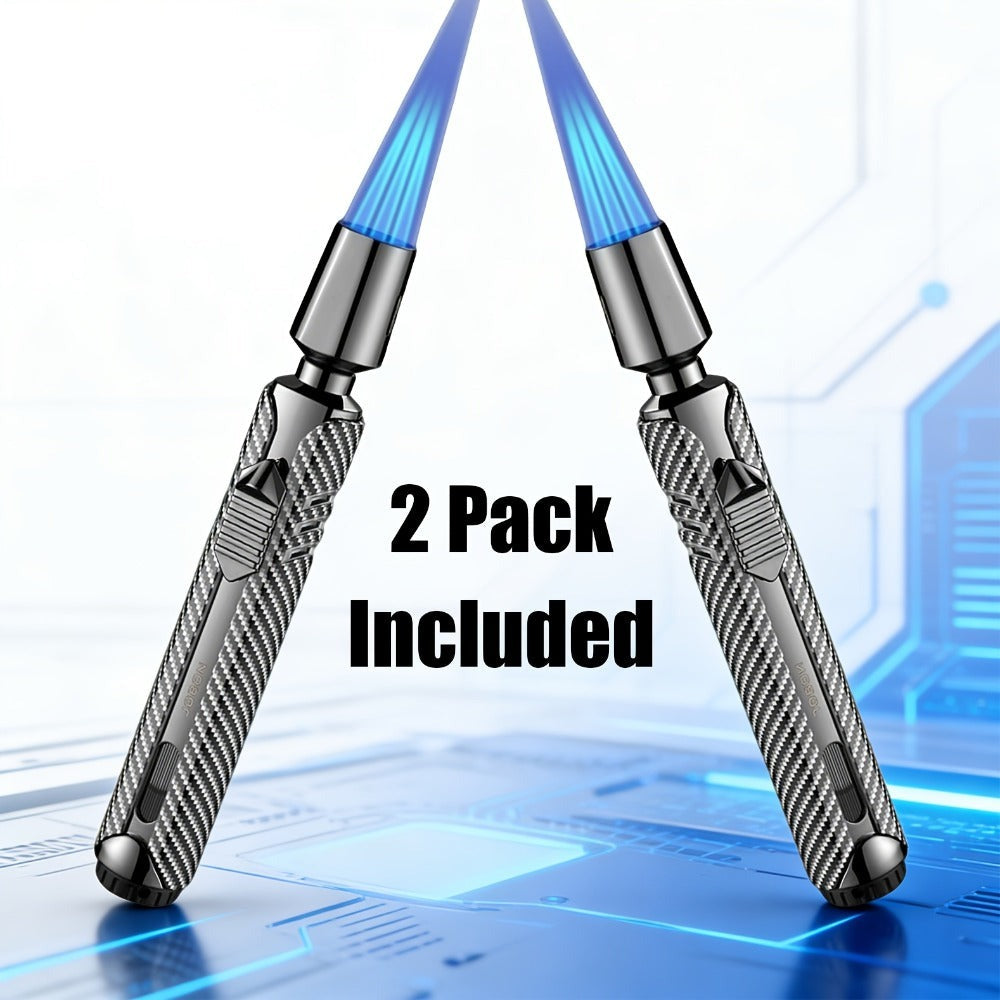 Paquete de 2 sin combustible incluido - Encendedor de chispa de combustible recargable a chorro de triple llama azul a prueba de viento de aleación de zinc, lujoso diseño de tubo largo a cuadros con depósito de combustible visible para velas, barbacoa de