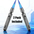 Paquete de 2 sin combustible incluido - Encendedor de chispa de combustible recargable a chorro de triple llama azul a prueba de viento de aleación de zinc, lujoso diseño de tubo largo a cuadros con depósito de combustible visible para velas, barbacoa de