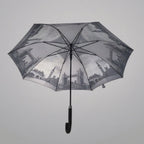 Paraguas de mango largo, agrandado, engrosado, resistente y duradero, con múltiples varillas para evitar que se vuelque, retro y de moda, estampado arquitectónico gris, 85 cm.