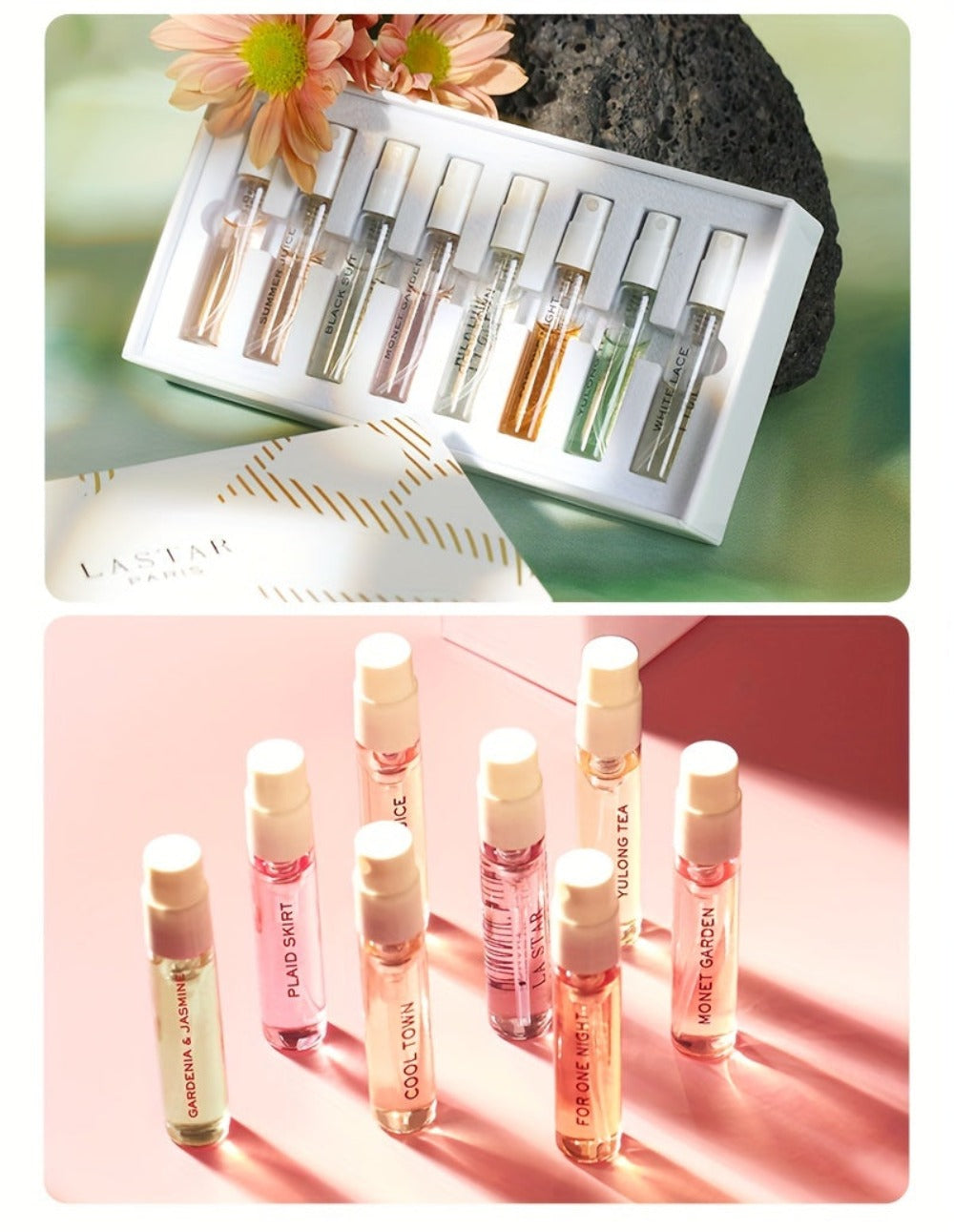 LASTAR Caja de Regalo de Perfume, 8 Bolsillos de Perfume, Fragancia Fresca para Mujer Perfume Duradero, Flores de Frutas Amaderadas con Combinación de Aromas Diferentes, Artículo Esencial para el Hogar, Citas y Viajes, Buen Regalo de Vacaciones para Mujer