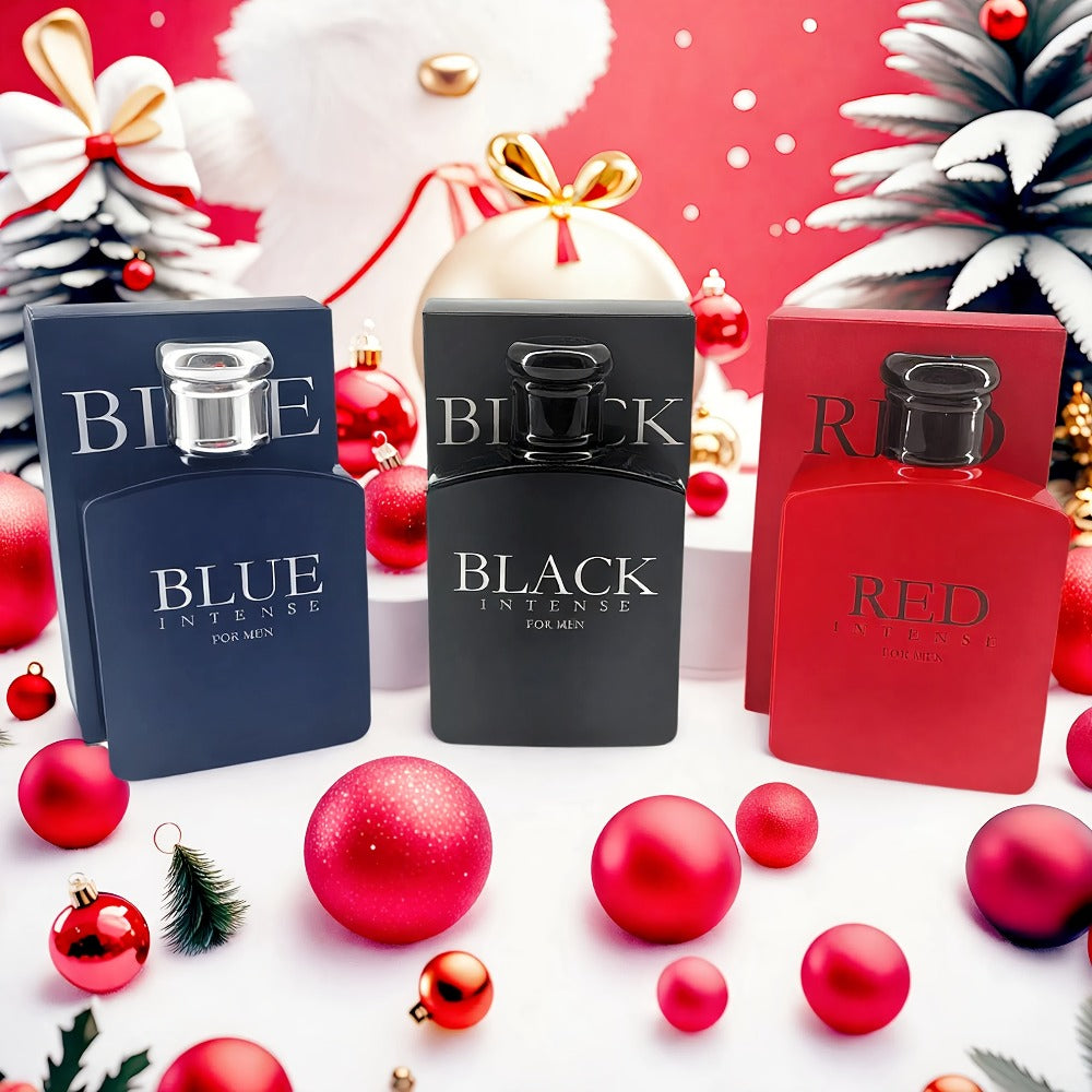 Un juego de tres colonias para hombre (botellas roja/negra/azul, se pueden vender por separado), con capas ricas de fragancia, que muestran el encanto individual y un temperamento maduro y misterioso