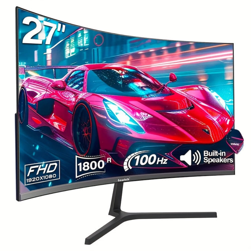 Monitor de gaming curvo Gawfolk de 27 pulgadas 100Hz, pantalla para PC Full HD 1080P, pantalla de ordenador sin bisel de 1800R con tecnología FreeSync y cuidado ocular, compatible con VESA