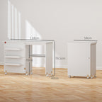 Mesa de costura plegable HOMCOM con tablón abatible, contenedores de almacenamiento, estante abierto y ruedas, gabinete para máquina de coser para sala de estar, oficina, estudio, dimensiones 118 x 40 x 79.5 cm, blanca