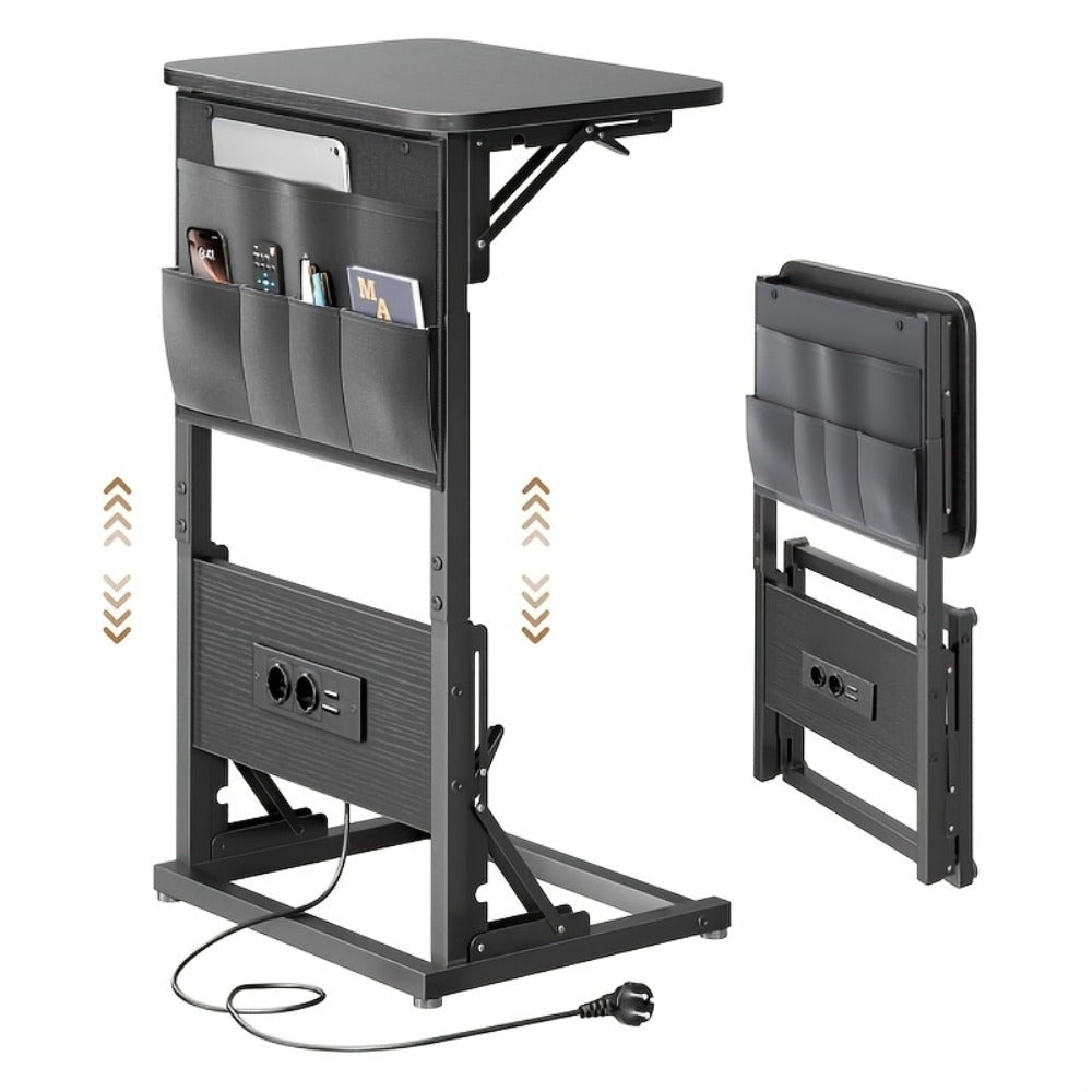 Mesa Auxiliar en Forma de C con Estación de Carga - Mesa Auxiliar Compacta para Sofá, Altura Ajustable de 3 Niveles (66-72Cm/25.9-28.3In), Mesa de Noche Plegable con Bolsillos de Almacenamiento para Espacios Pequeños, Dormitorio, Sala de Estar