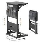 Mesa Auxiliar en Forma de C con Estación de Carga - Mesa Auxiliar Compacta para Sofá, Altura Ajustable de 3 Niveles (66-72Cm/25.9-28.3In), Mesa de Noche Plegable con Bolsillos de Almacenamiento para Espacios Pequeños, Dormitorio, Sala de Estar