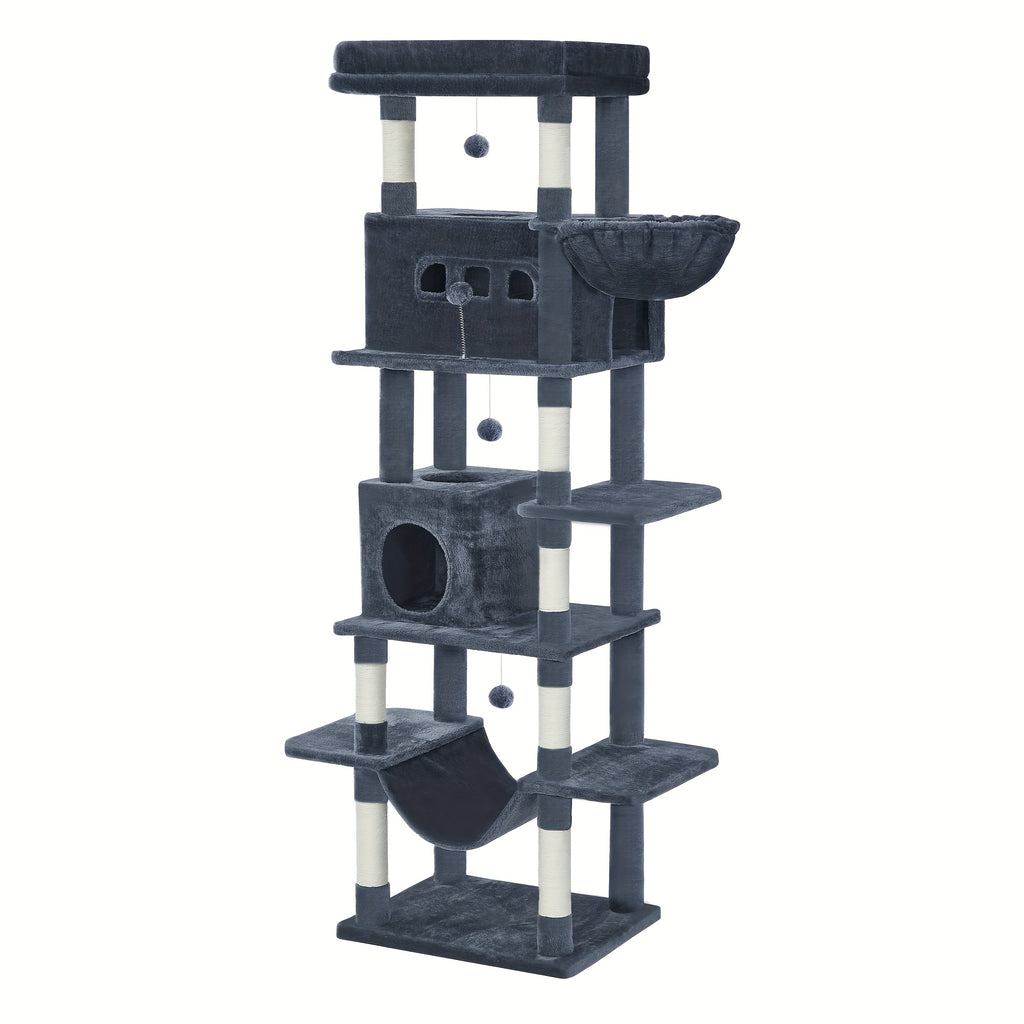 Árbol para gatos extra alto de 210 cm con 8 postes rascadores y 2 cuevas - Muebles para gatos de múltiples niveles de alta resistencia, tapete lavable, hamaca y pelotas de felpa - Torre para gatos grande con base resistente