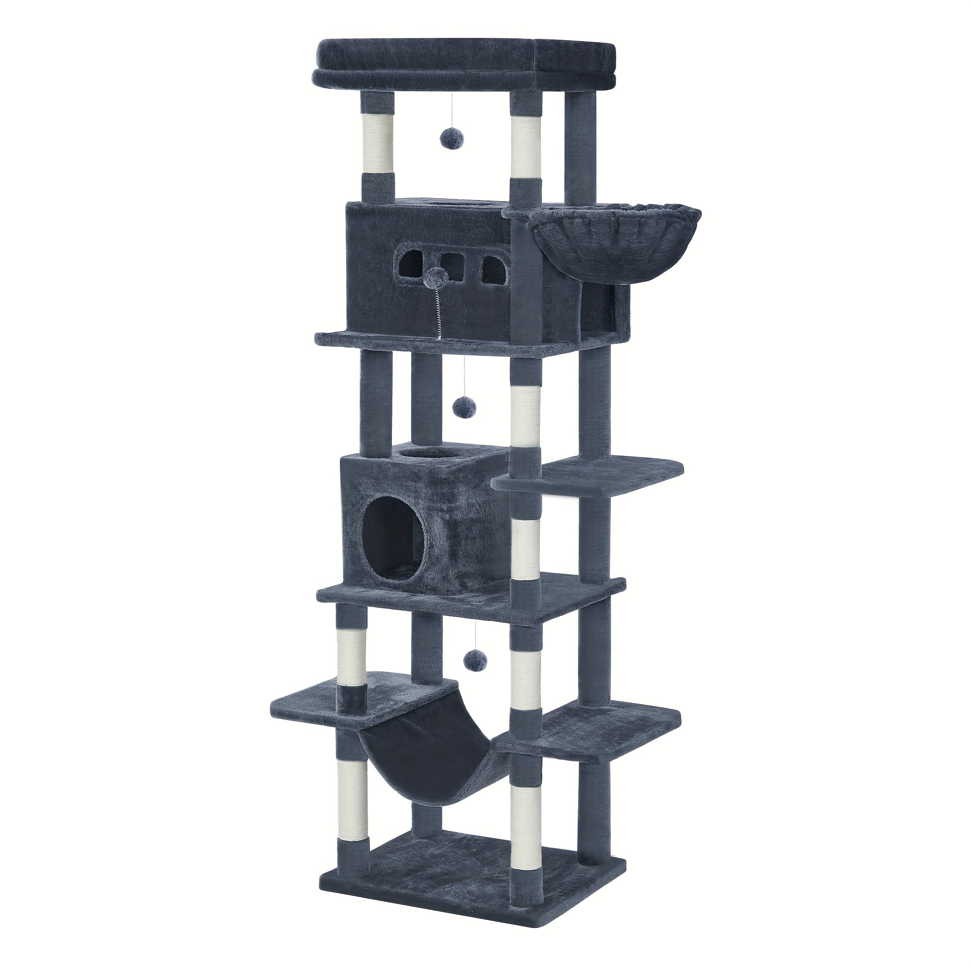Árbol para gatos extra alto de 210 cm con 8 postes rascadores y 2 cuevas - Muebles para gatos de múltiples niveles de alta resistencia, tapete lavable, hamaca y pelotas de felpa - Torre para gatos grande con base resistente
