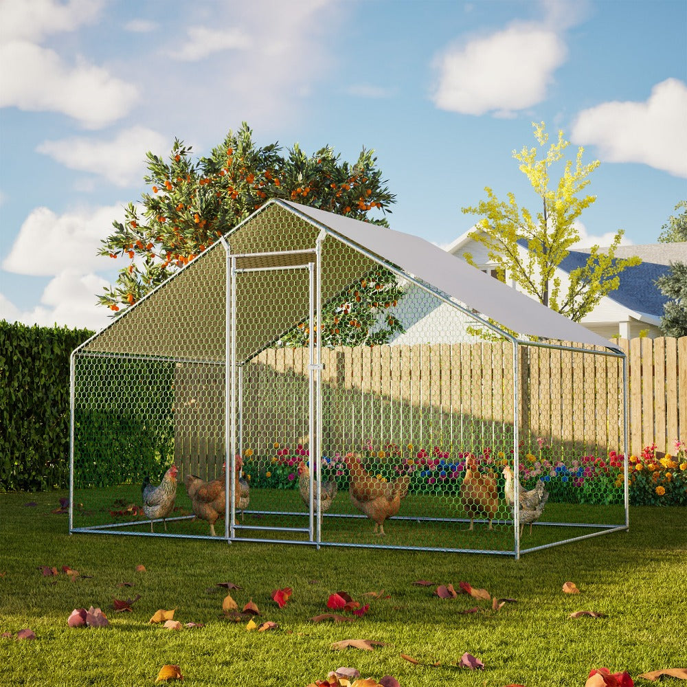 Gallinero 3x2m, Jaula Exterior para Gallinas de Rango Libre, Recinto con Cerradura de Seguridad, Malla Recubierta y Techo de PE, Adecuado para Gallinas, Patos, Conejos y Otros Animales Pequeños