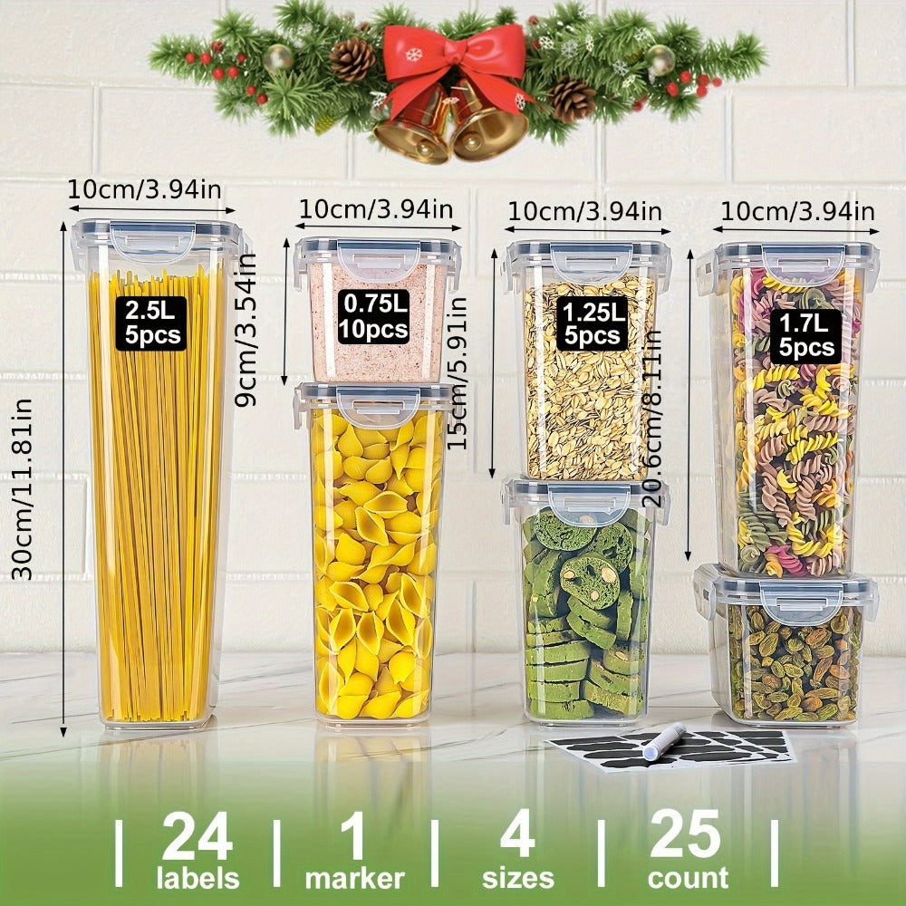 Tarros de Almacenamiento Sellados con Tapas - Juego de 25 Piezas, Contenedores de Cocina, Ideales para Organizar Cocina/Armario/Caravana/Despensa, Perfectos para Almacenar Espaguetis, Harina, Granos y Alimentos Secos, Esencial para el Hogar, Alta Calidad,