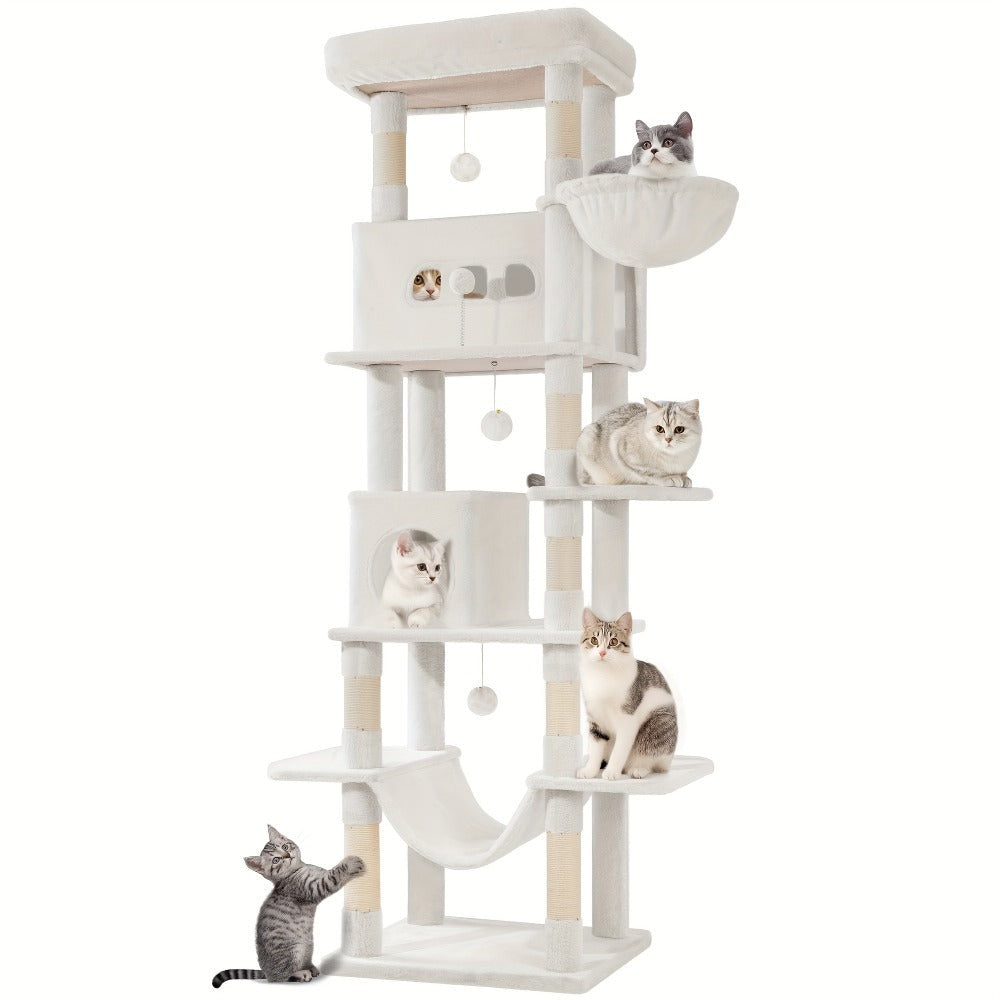 Rascador grande, árbol para gatos de 210 cm, con 8 postes rascadores, posadero, 2 cuevas, tapete lavable, hamaca, pelotas de felpa, rascador de varios pisos para gatos grandes, gris claro, gris oscuro