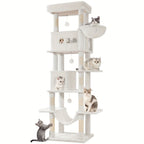 Rascador grande, árbol para gatos de 210 cm, con 8 postes rascadores, posadero, 2 cuevas, tapete lavable, hamaca, pelotas de felpa, rascador de varios pisos para gatos grandes, gris claro, gris oscuro