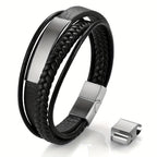 Un brazalete tejido multicapa diseñado para hombres, equipado con un cierre curvo de marca. Su longitud ajustable lo convierte en un regalo ideal para hombres