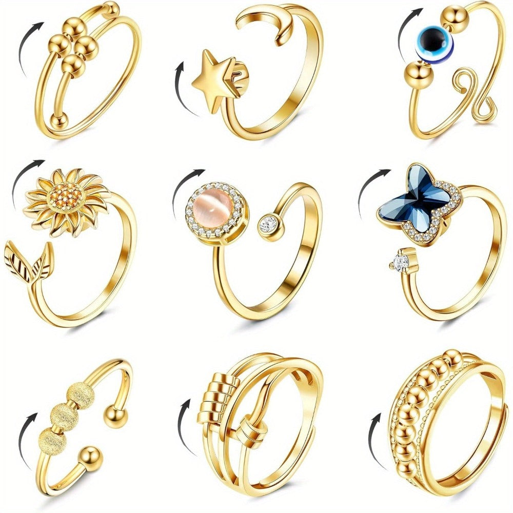 9 anillos Fidget Spinner para mujeres y hombres, anillos abiertos CZ con forma de flor, luna y estrella, anti giratorios, ajustables