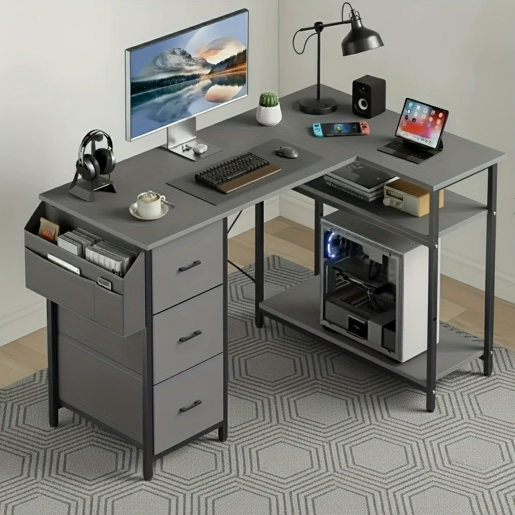 Escritorio Gaming en Forma de L con 3 Cajones de Tela para Almacenamiento, Escritorio de Oficina en Casa Ahorrador de Espacio con Soporte para CPU, Fácil de Montar, Estación de Trabajo y Juegos, Estructura de Madera Resistente, Dormitorio, Adultos