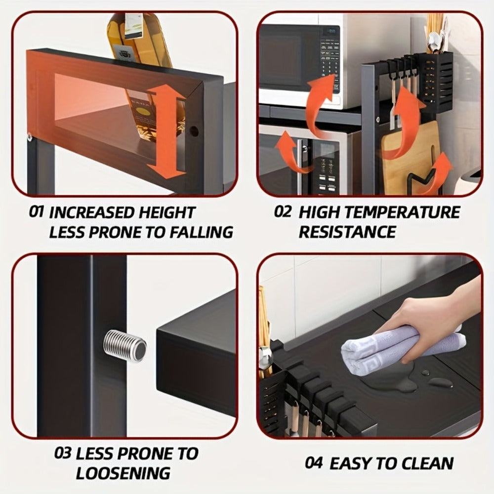 1 estante de almacenamiento de 2/3 niveles con seis ganchos, estante para especias, estante de almacenamiento, estante para horno microondas, negro, extensible, fácil de montar, resistente y duradero, ahorra espacio, estable, adecuado para cocina, dormito