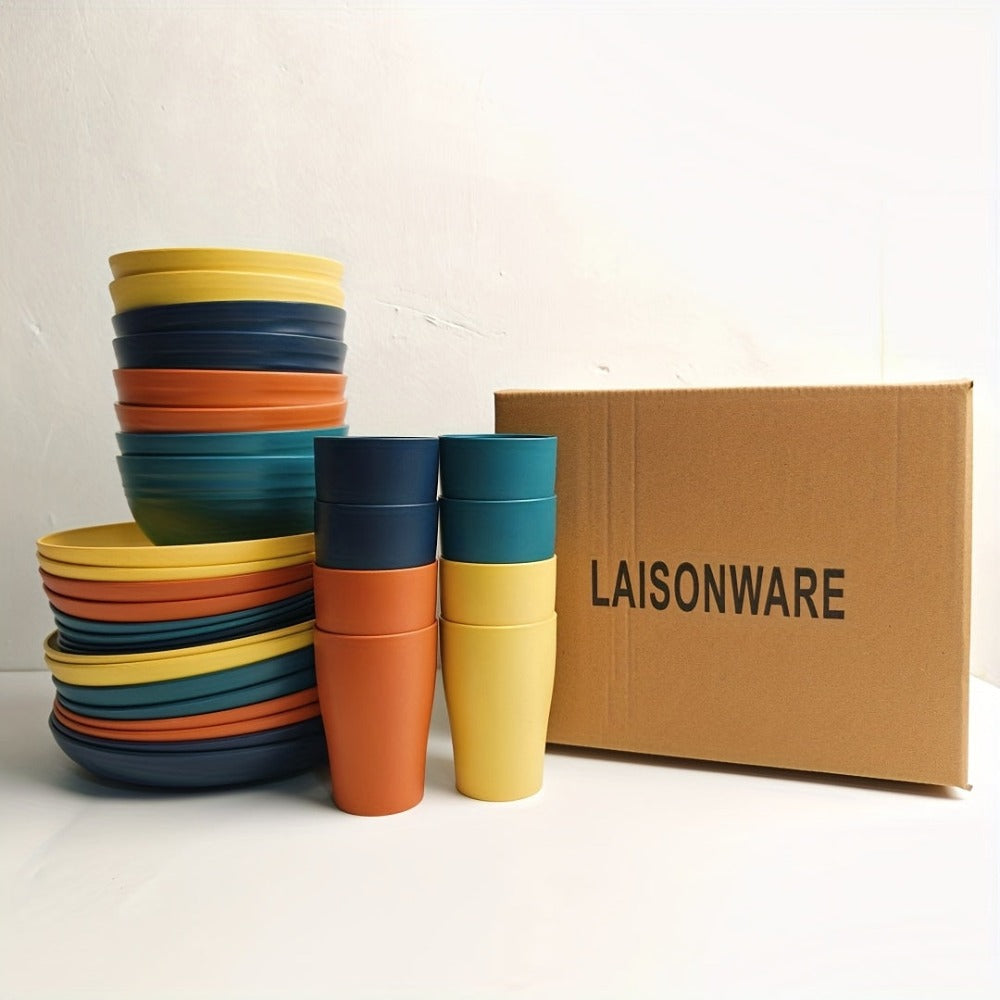 Juego de Vajilla para Cocina de 32 Piezas, Servicio para 8 Personas, Platos Principales, Platos de Postre, Tazones para Cereal, Vasos, Platos Coloridos Irrompibles para Camping al Aire Libre