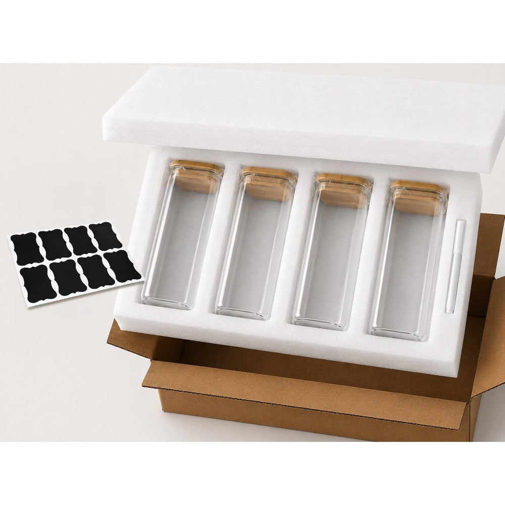Set de recipientes grandes de vidrio para almacenamiento de alimentos, 4pza.s, 1000Ml | Tarros de cocina altos con tapa de bambú natural y sello de silicona | Contenedores de organización de cocina y despensa para productos secos, espagueti, arroz y cerea