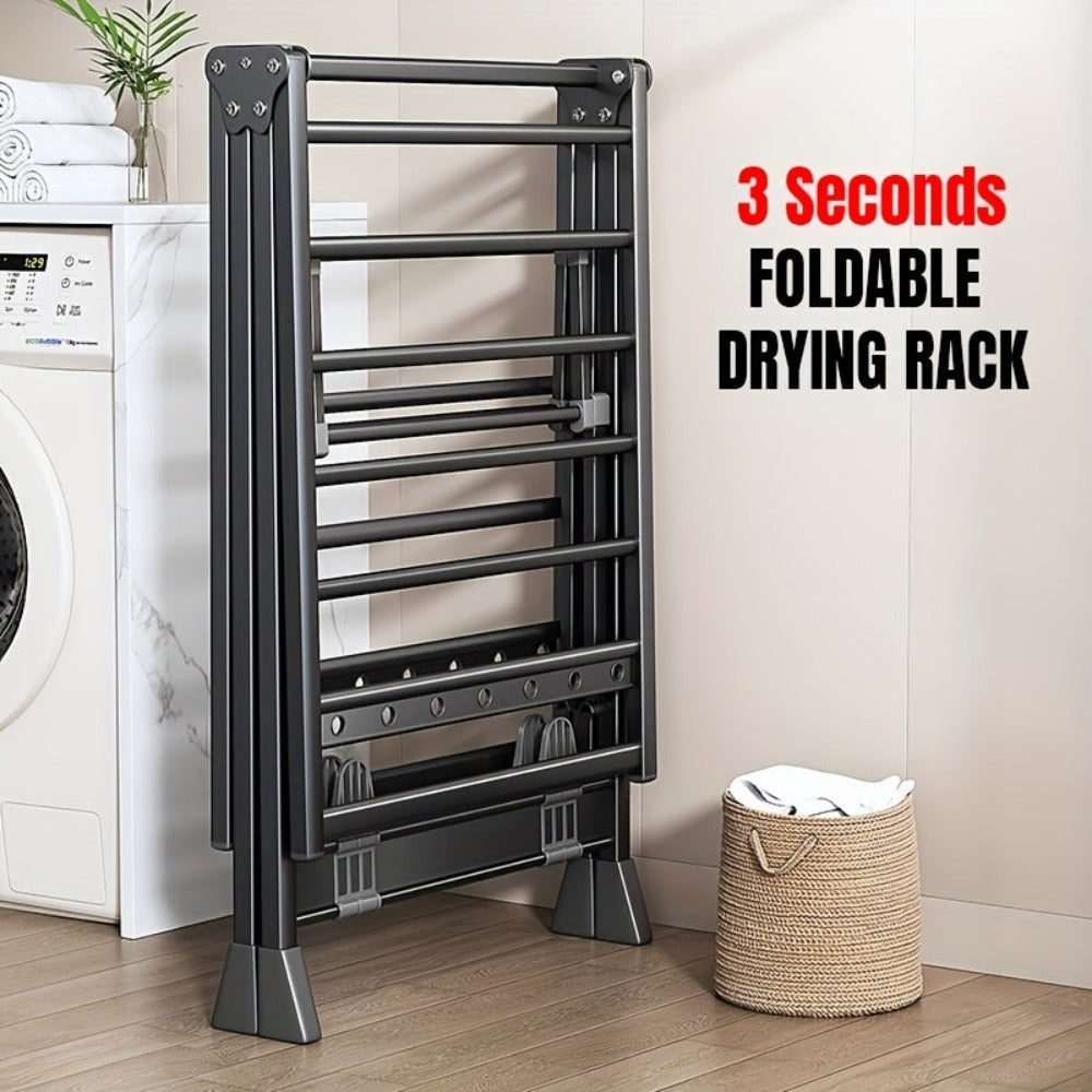 Perchero Plegable de Aluminio Resistente con Estante para Zapatos - Diseño en 3 Segundos, Altura Ajustable, 4 Ruedas para Uso Interior/Exterior, Montaje Sin Herramientas, Estabilidad en Forma de A, Ahorro de Espacio Gris, Secado de Ropa Portátil, Construc