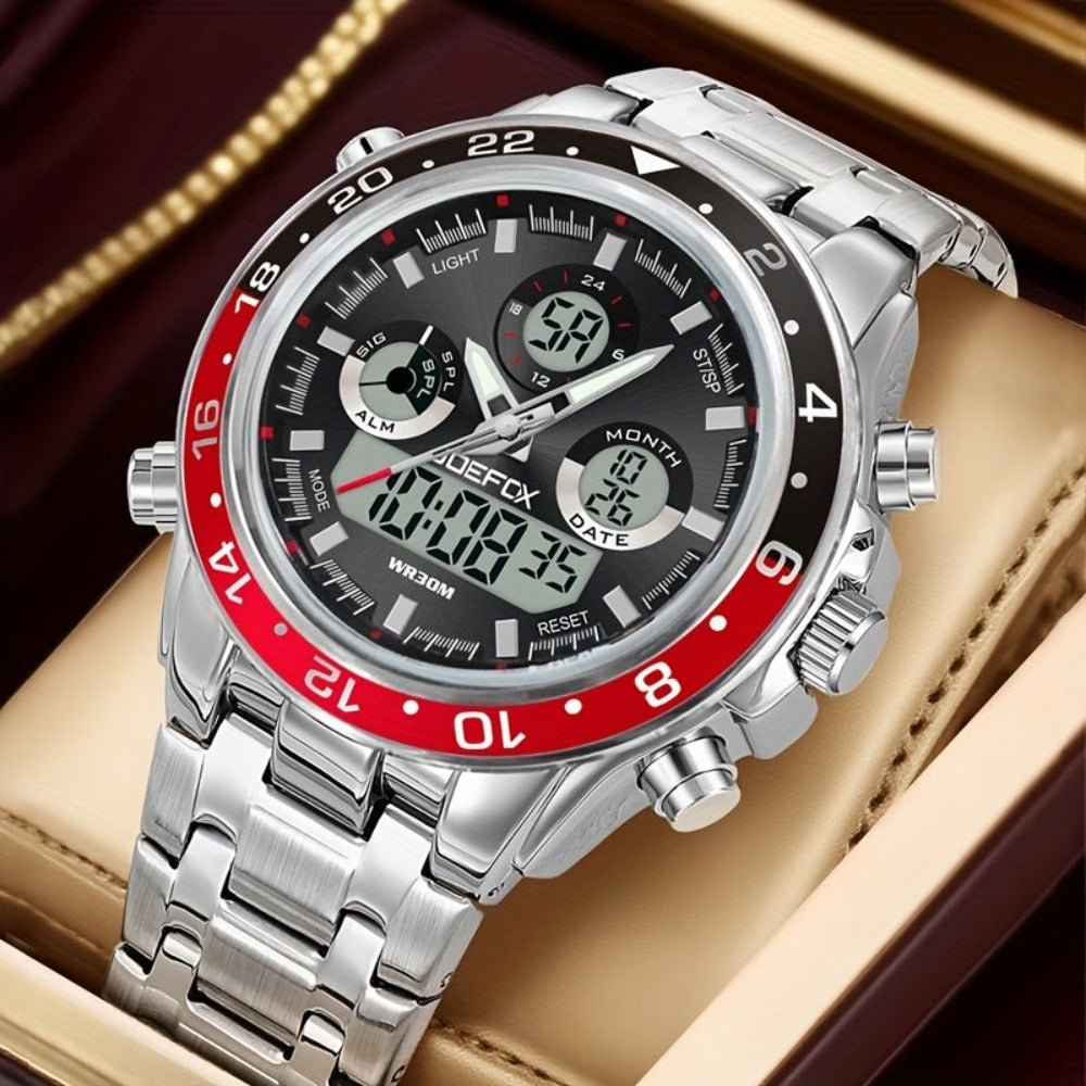 Reloj ejecutivo para hombre de inspiración vintage, cuarzo de doble pantalla con cronógrafo, alarma y fecha, correa de acero inoxidable, caja redonda de aleación de zinc, resistente al agua, a pilas
