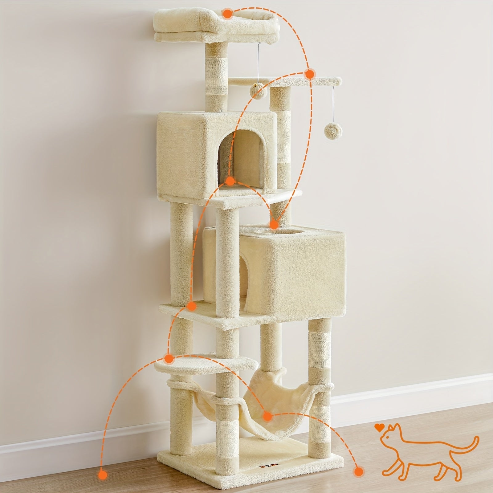 Torre rascadora para gatos 155 cm | Juego descanso y cuidado de las uñas