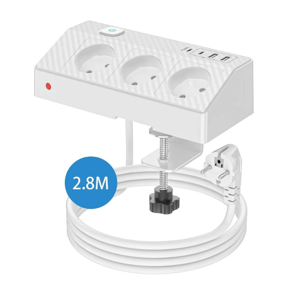 Tira de escritorio multifuncional 7 en 1 con carga rápida USB-C PD20W, toma de mesa con protección contra sobretensiones HAFINO en o blanco con 2 puertos USB-A, 3 tomas de CA y cable de extensión de 2 metros para uso en hogar y oficina, 1 pieza