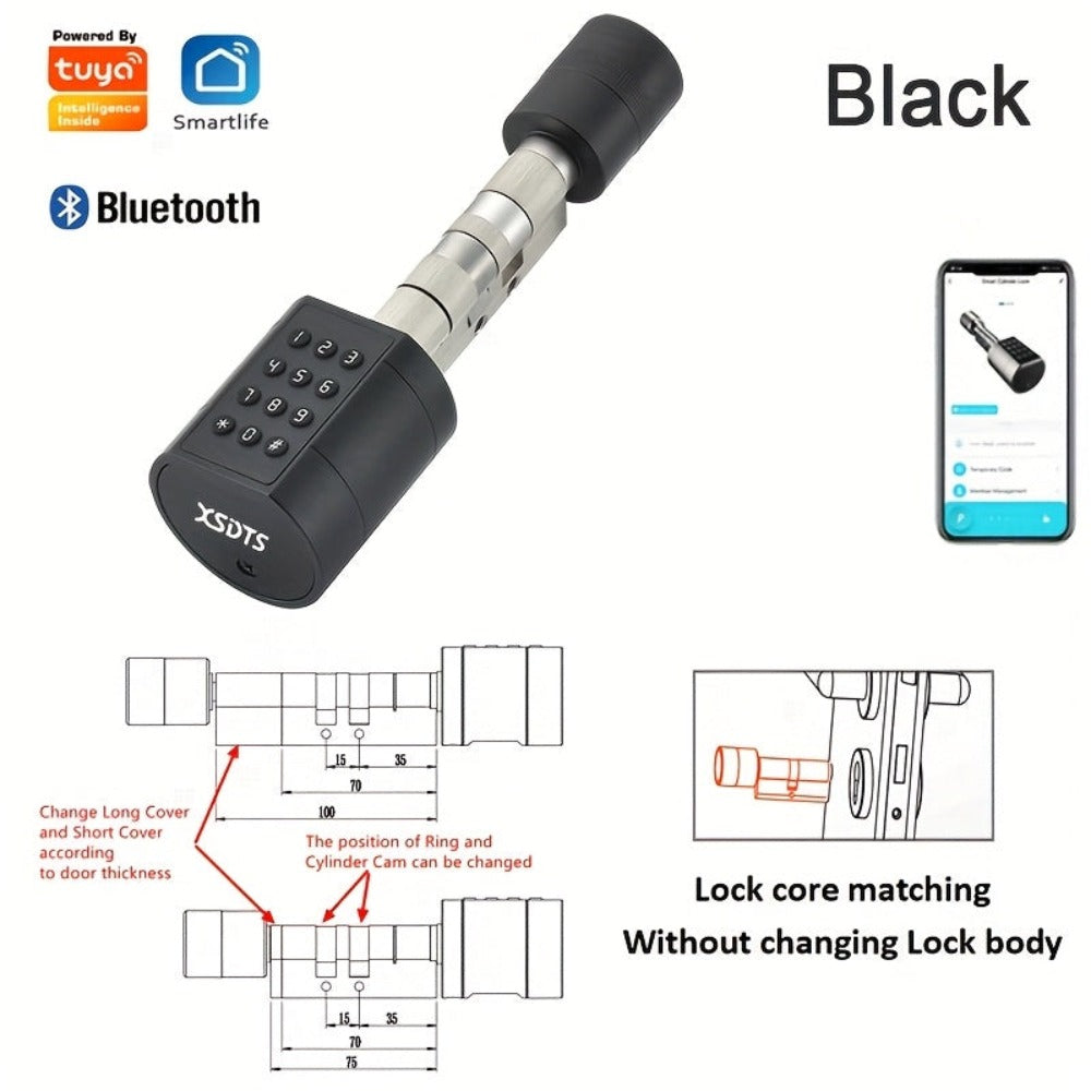 Cerradura Inteligente Cilindro Compatible para Oficina - Sistema de Desbloqueo 5 en 1 con Huella/Llave/Tarjeta/Contraseña/Control por App Tuya, Adecuada para Puertas y Sistemas de Entrada