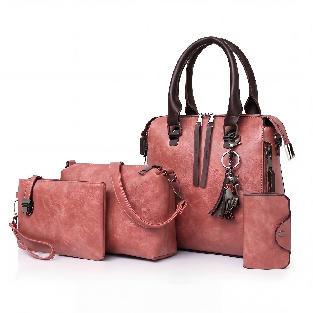 Conjunto de 4 piezas de bolsos para mujer, moderno y versátil, incluye bolso tote retro, bolso cruzado de hombro, bolso de mano, billetera, bolso tote grande de PU con cera de aceite, borlas, ideal para el día a día, viajes y como regalo