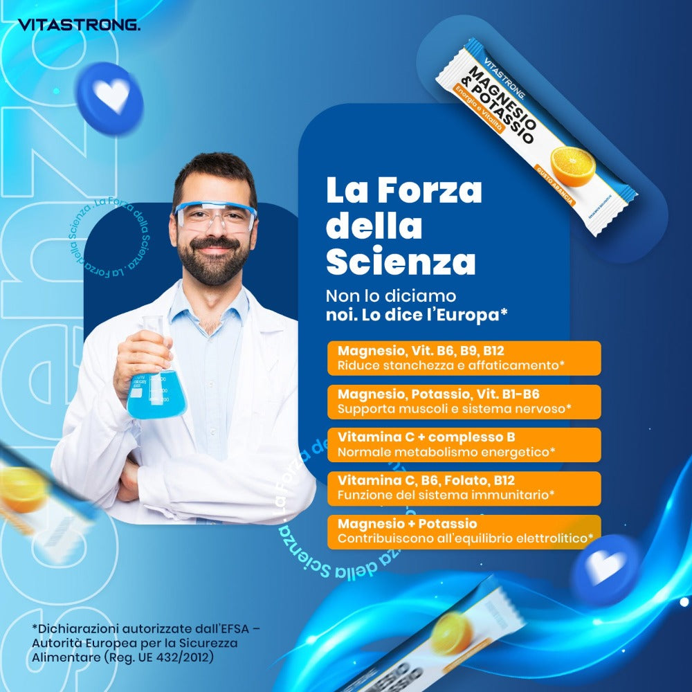 Vitastrong Magnesio y Potasio Fórmula 10 en 1, Sobres de Suplemento Multivitamínico de Potasio y Magnesio, 24 Barras con Vitamina C y Complejo B, Sin Sacarosa, Sin Gluten, Sabor a Naranja