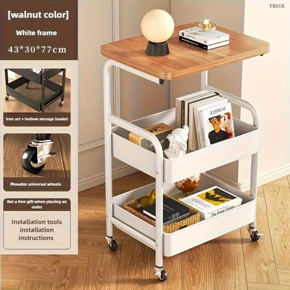 Un estante de almacenamiento con ruedas, estante superior de madera maciza, carrito de cocina, hecho de acero al carbono, resistente y duradero, para almacenar estantes de cocina, con un diseño vertical en capas, adecuado para el almacenamiento en dormito