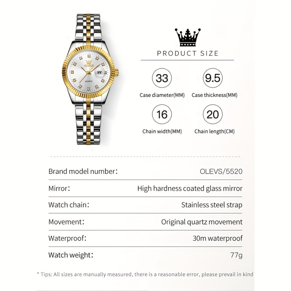 OLEVS Reloj de Mujer Clásico de Negocios, Relojes Analógicos de Cuarzo para Mujer, Relojes Elegantes de Lujo de Acero Inoxidable con Diamantes de Rhein, Relojes Luminosos para Mujer con Calendario y Fecha para Damas, Regalos Románticos, Reloj de Pulsera p