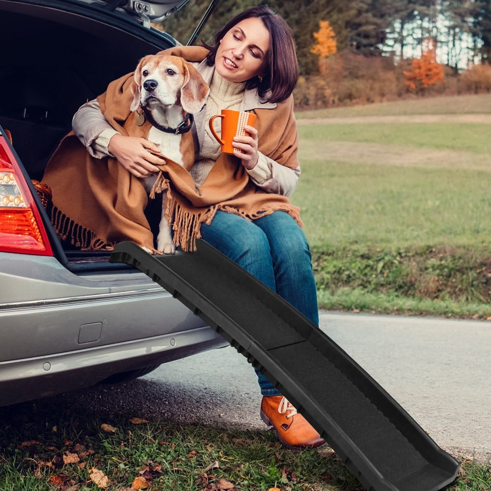 Rampa para perros plegable de plástico, escaleras para mascotas, rampa de acceso antideslizante con topes de goma hasta 90 kg, 156 x 40 cm, negra