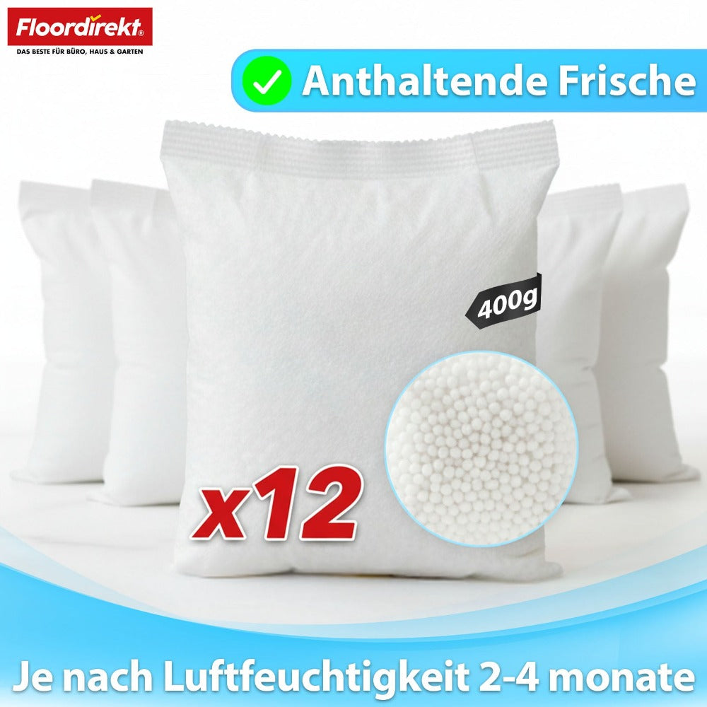 FLOORDIREKT Paquete de Recambios para Deshumidificador de Aire Habo en Paquete de 12 - Bolsas de Recambio de 400g para Deshumidificadores de Habitaciones - para Sótano, Baño y Espacios de Vida - Paquete de Recambios Generoso - Control Efectivo de la Humed