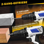 Atornillador Inalámbrico de Poder con 1x O 2x Baterías y 23 Puntas, 18+1 Ajuste de Torque, Taladro Combi de 2 Velocidades, Kit de Taladro con Garfio de 3/8" con Caja de Almacenamiento para Bricolaje en el Hogar, Luz LED para Cemento, Hormigón, Techo, Ladr