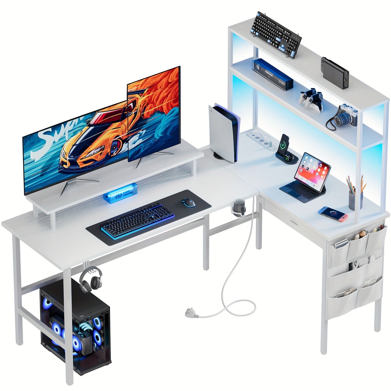 Escritorio Gaming en Forma de L con Luz LED y Toma de Corriente - Escritorio para Gamers, Escritorio Reversible para Computadora de 59/67 Pulgadas con Estantes de Almacenamiento y Cajón y Bolsa, Mesa de Juego de Esquina con Soporte para Monitor, Oficina e