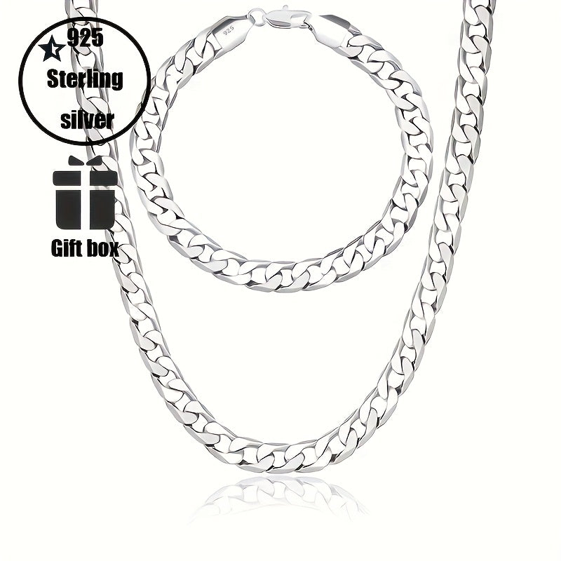 Conjunto de dos piezas de cadena de moda de plata 925, collar y pulsera para hombre, cadena pura para hombre, regalo de San Valentín, regalo del Día del Padre con caja de regalo exquisita incluida