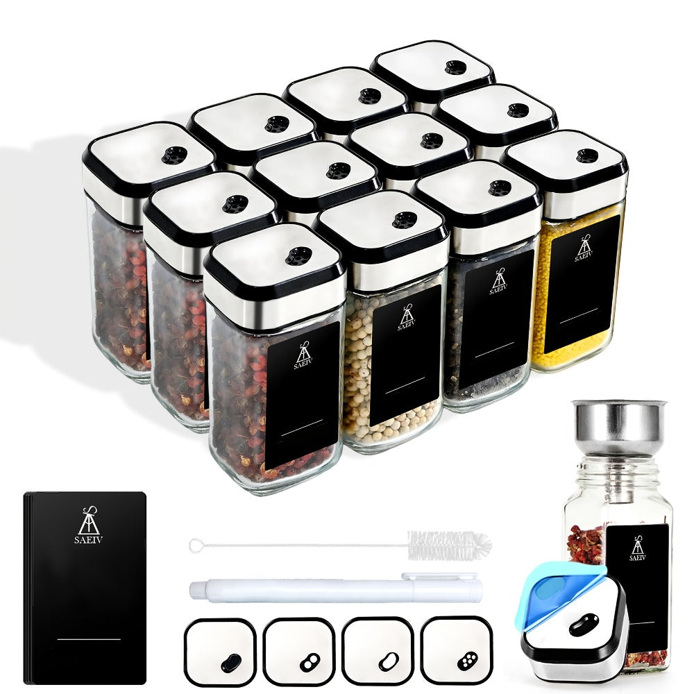 SAEIV Juego de Botellas de Vidrio Cuadradas para Condimentos 12/24 (con Tapa), Botellas de Vidrio, Botella de Especias de 120ml, Escala de Tres Capas con Rotación 360°, Elección Ideal para Almacenar Especias de Cocina