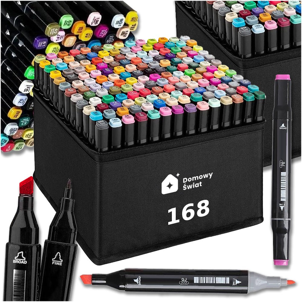 Set de marcadores de alcohol de 168 piezas Flamastrs de doble punta, marcadores de dos extremos 1-2Mm / 3-6Mm, impermeables después de secar, resistentes a las manchas, posible mezcla de colores, no sangran a través del papel, ideal para dibujar, bocetar,