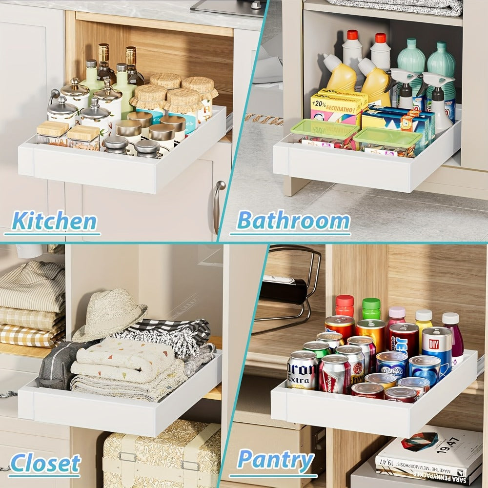 Organizador de gabinete extraíble, estante de almacenamiento resistente y expandible con cajones deslizantes, sin necesidad de taladrar, organizador para cocinas y baños, estante deslizable, extensible 31-52 cm (, blanco)