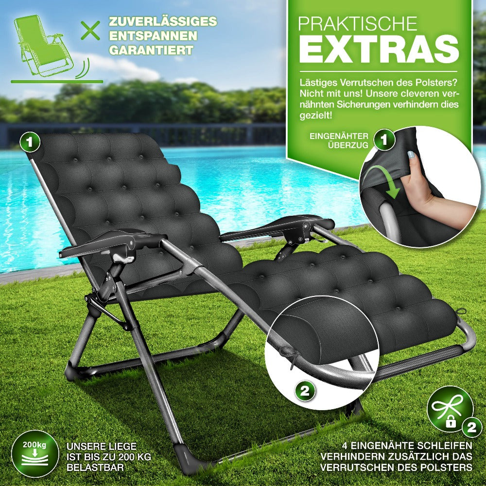 Tillvex® Tumbona Reclinable Plegable hasta 200Kg, Sillón de Sol para Jardín Exterior, Resistente a la Intemperie para Balcón, Jardín y Terraza, Ajustable con Acolchado Grueso, Reclinable, Extra Ancha, con Soporte para Bebidas
