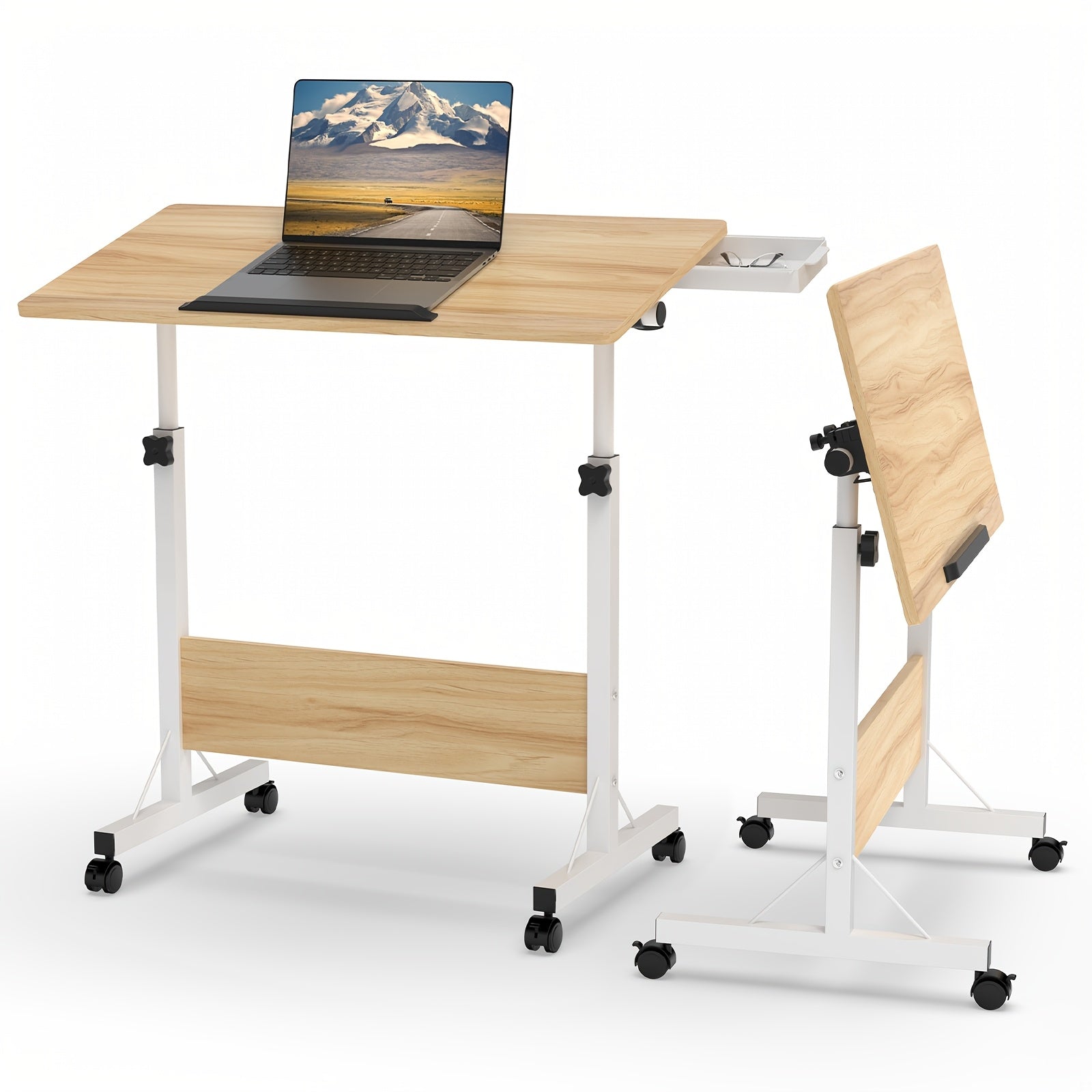 Mesa Rodante de 80X40Cm para Sofá Cama, Mesa Auxiliar Móvil Ajustable en Altura de 64-89Cm, Escritorio Plegable de 4 Ruedas con Bloqueo, Mesa Auxiliar para Sofá, Dormitorio