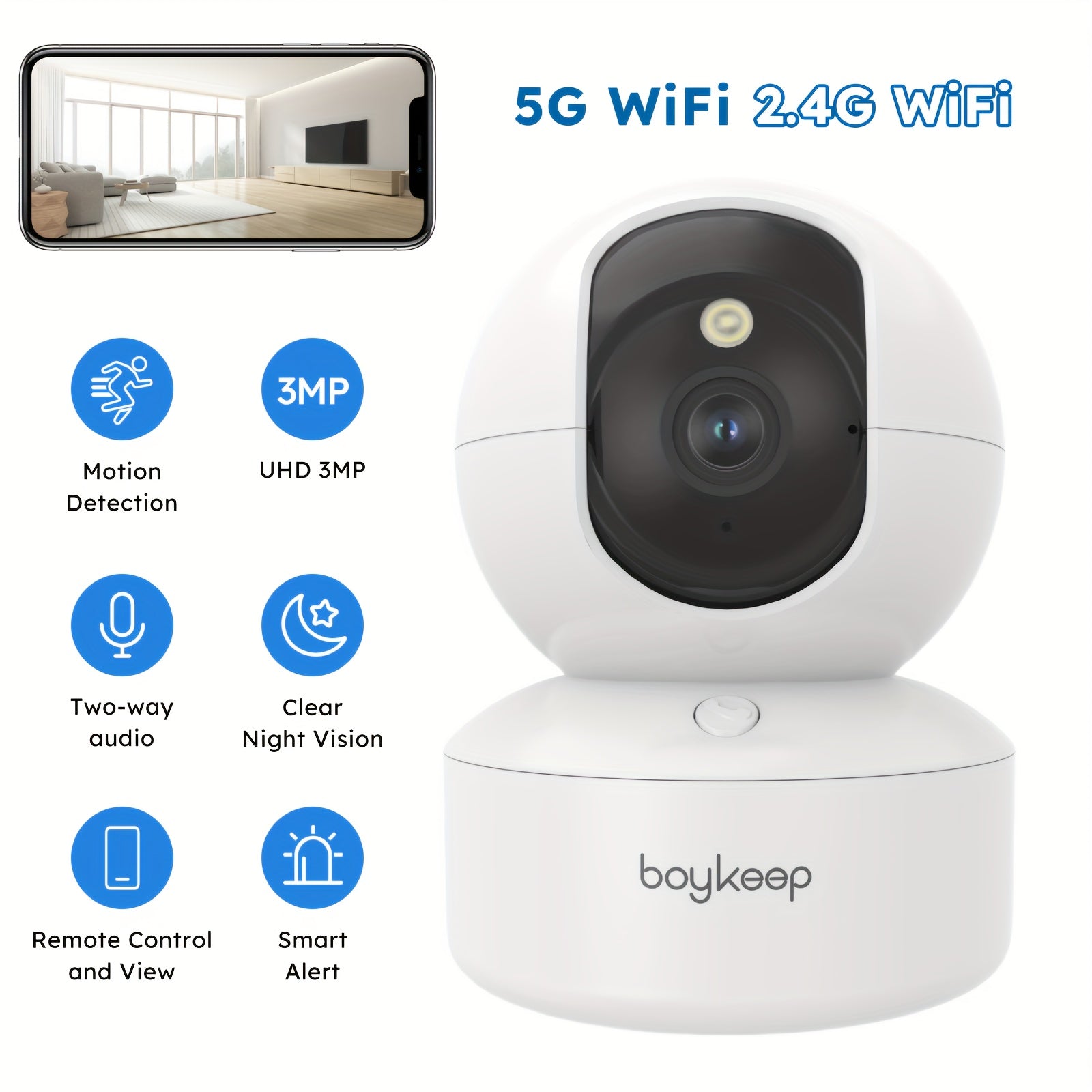 1pc Boykeep Cámaras de Seguridad Inalámbricas, Sistema de Cámaras de Seguridad para el Hogar con Giro y Inclinación de 360°, Detección de Movimiento, Seguimiento Automático, Audio Bidireccional, Visión Nocturna a Color 2K, Configuración Sencilla, Wi-Fi 5G