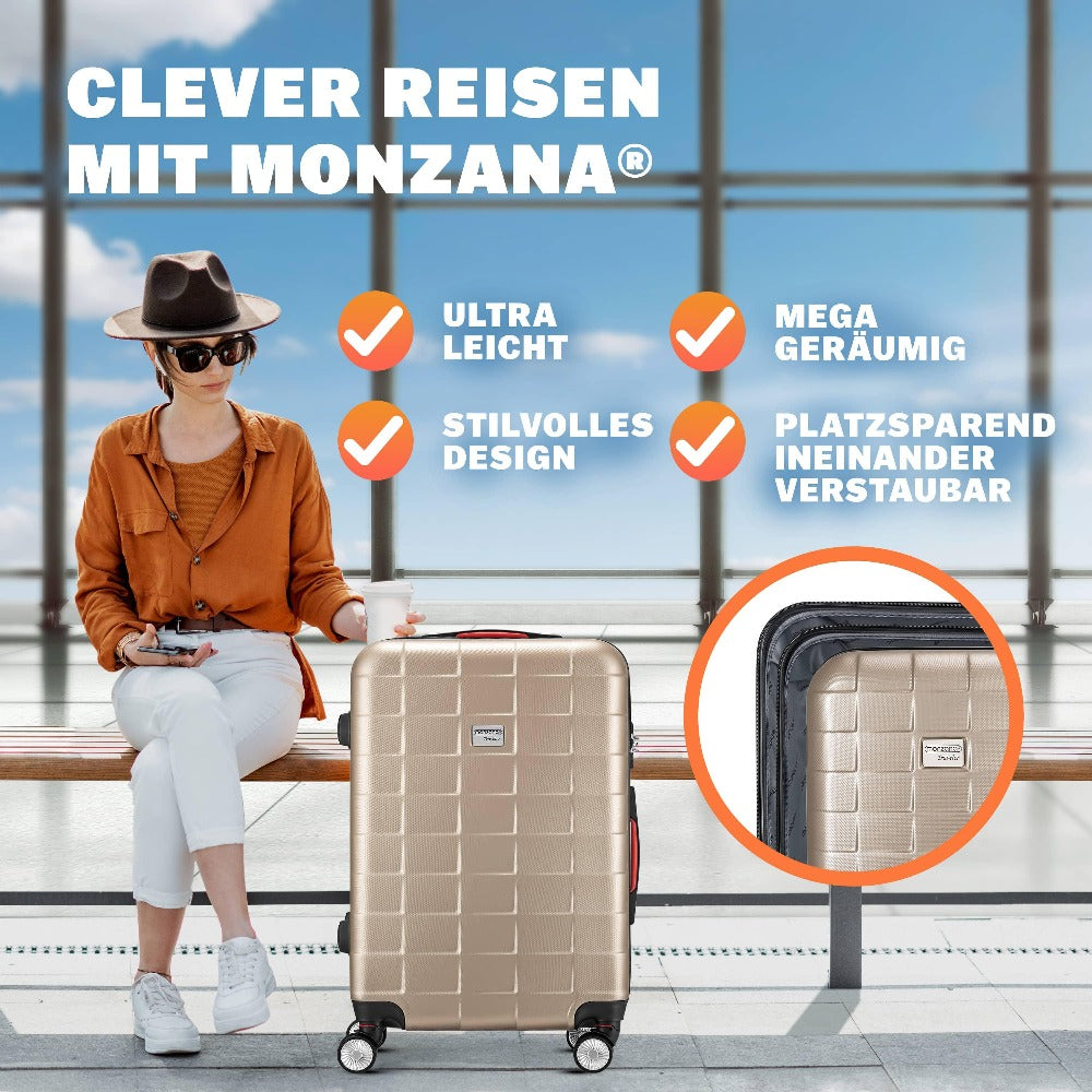 MONZANA® Juego de Maletas de 3 Piezas con Candado TSA, Maletas Rígidas en Tallas M-L-XL, Asas de Gel, 4 Ruedas Gemelas, Pies de Soporte, Maleta de Viaje con Ruedas – Negro, Azul o Champagne