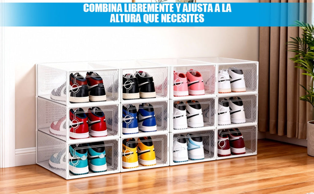 VORTEX Pack Organizador de Calzado Cajas de Zapatos Blancas y transparentes Apilables con Apertura Frontal，Sistema Antivuelco y Ventilación